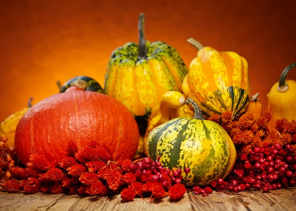 Calabazas decorativas sobre mesa de madera vieja — Foto de Stock