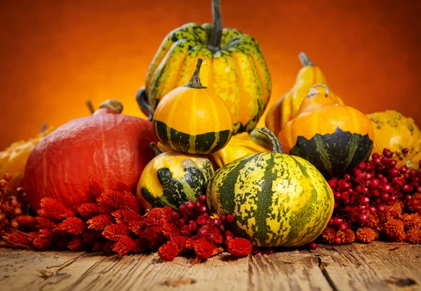 Decorative pumpkins on old wooden table — Stock Photo, Image