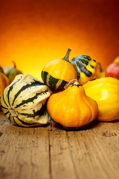 Calabazas y calabazas sobre mesa de madera — Foto de Stock