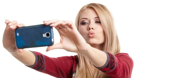 Blonde girl taking selfie — Stock Photo, Image