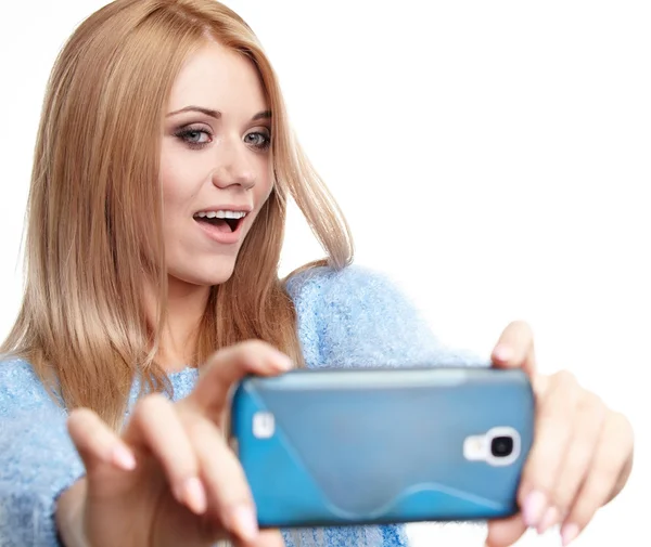 Blonde girl taking selfie — Stock Photo, Image