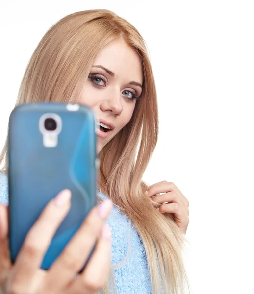 Blonde girl taking selfie — Stock Photo, Image