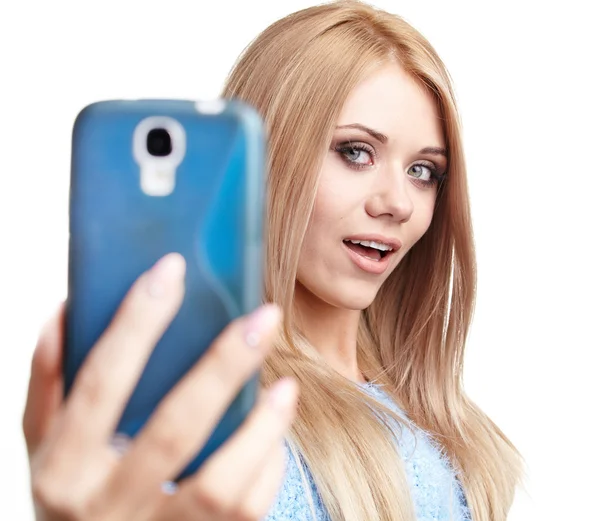 Blonde girl taking selfie — Stock Photo, Image