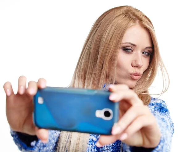 Blonde girl taking selfie — Stock Photo, Image