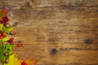 Ahşap arka planda sonbahar yaprakları