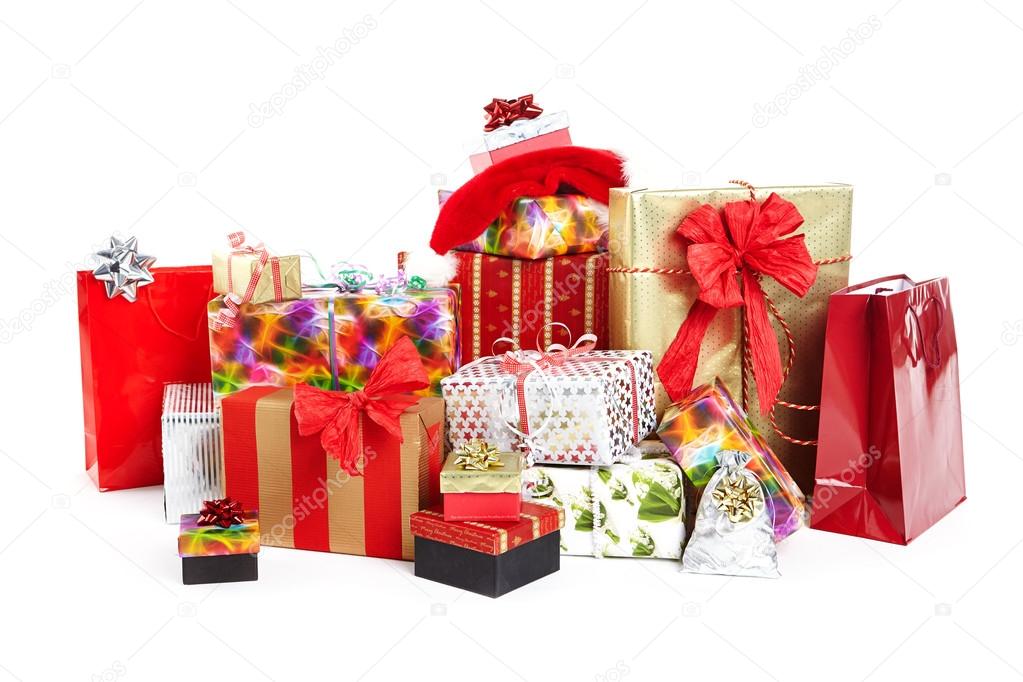 Christmas gifts in colorful wrapping with ribbons