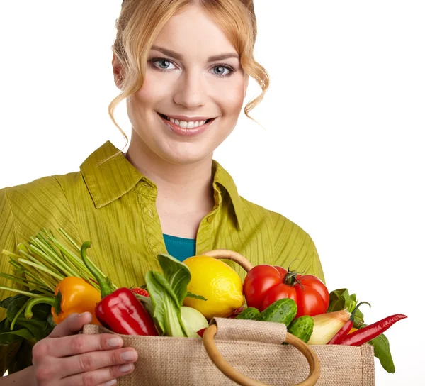 Žena s nákupní taškou s potravinami — Stock fotografie