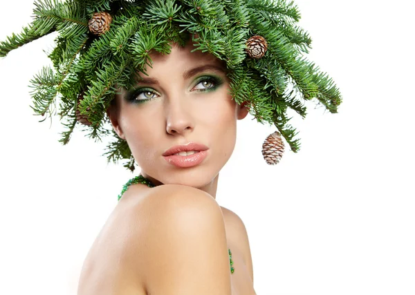 Christmas Tree Holiday Hairstyle and Make up — Stock Photo, Image