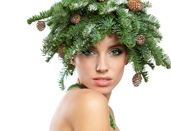 Christmas Tree Holiday Hairstyle and Make up — Stock Photo, Image