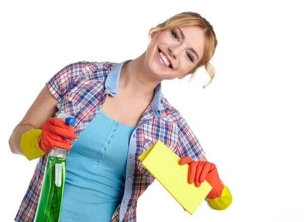 Young housewife cleaning on white — Stock Photo, Image