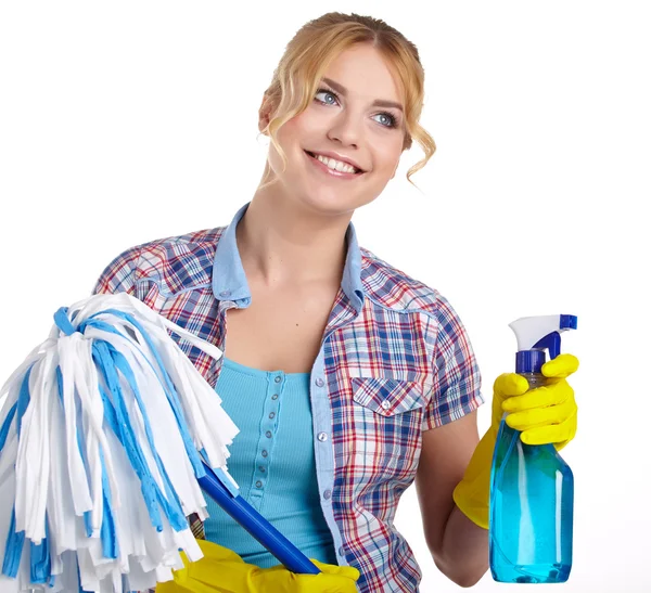 Housewife cleaner isolated over white — Stock Photo, Image