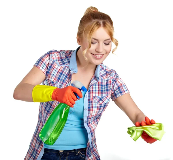 Jovem dona de casa limpeza no branco — Fotografia de Stock