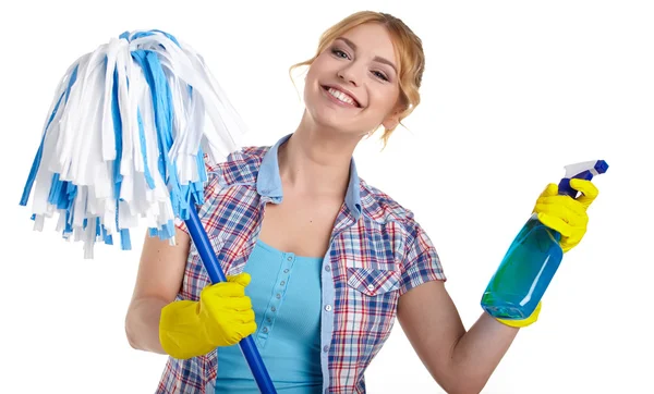 Limpeza dona de casa isolado sobre branco — Fotografia de Stock