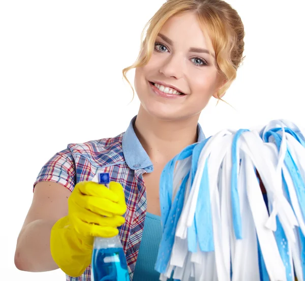 Housewife cleaner isolated over white — Stock Photo, Image
