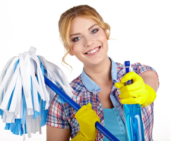 Housewife cleaner isolated over white — Stock Photo, Image