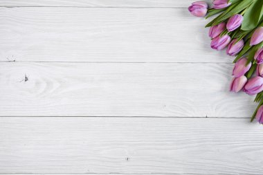 Eski tahta üzerinde mor laleler 