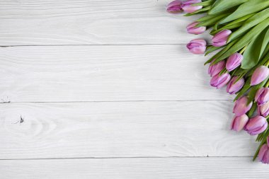 Eski tahta üzerinde mor laleler 