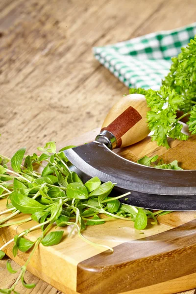 Chopped herbs on cutting board — Stock Photo, Image