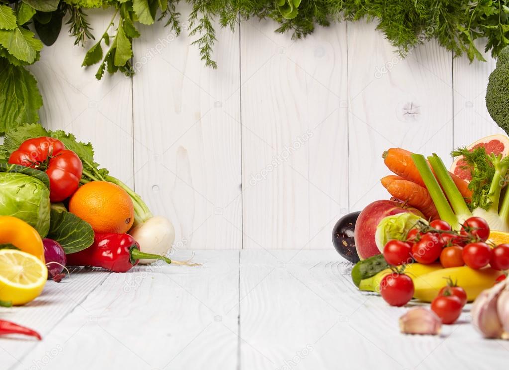 Frame with fresh organic vegetables and fruits