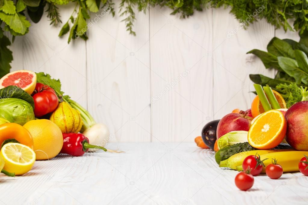 Frame with fresh organic vegetables and fruits