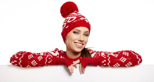 Winter girl happy holding poster — Stock Photo, Image