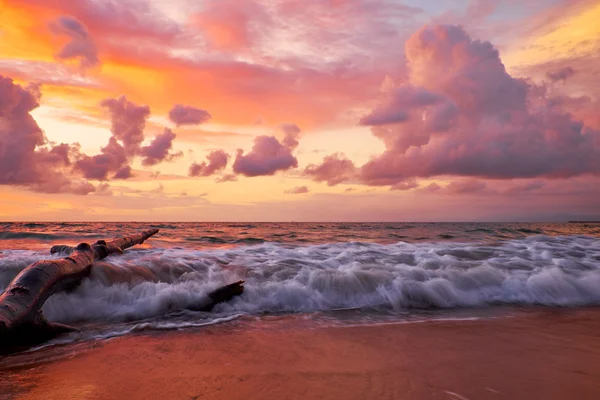 Rød solnedgang på stranden – stockfoto
