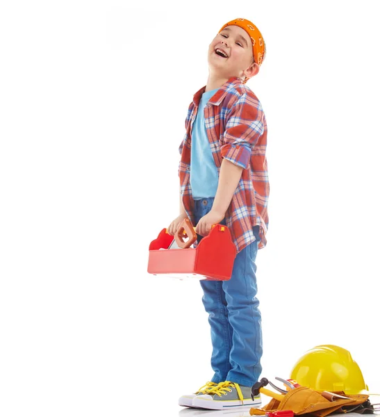 Little boy plays construction worker. Isolated on white — Stock Photo, Image