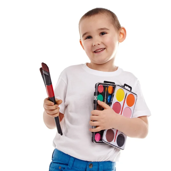 彼の絵画を楽しんでいる小さな男の子の肖像画。教育。イゾラ — ストック写真