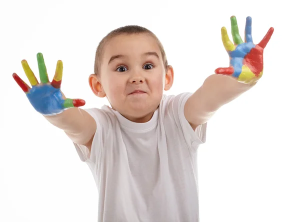 Cheerful child with painted hands on white background — Stock Photo, Image