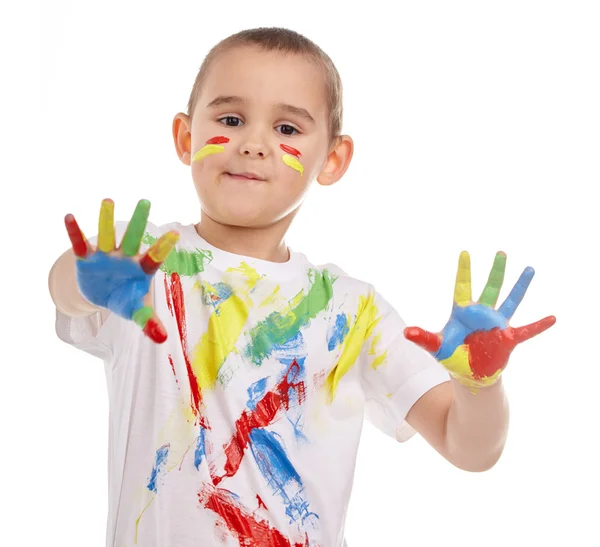 Cheerful child with painted hands on white background — Stock Photo, Image