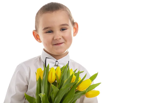 Little boy giving tulips — Stock Photo, Image