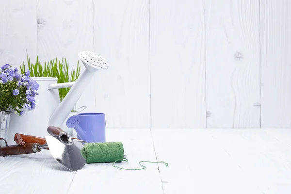 Tuingereedschap op houten tafel — Stockfoto