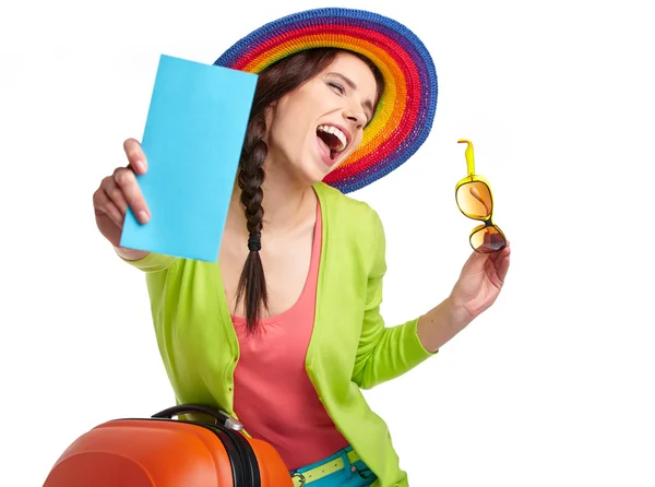 Tourist with travel suitcase and boarding pass — Stock Photo, Image