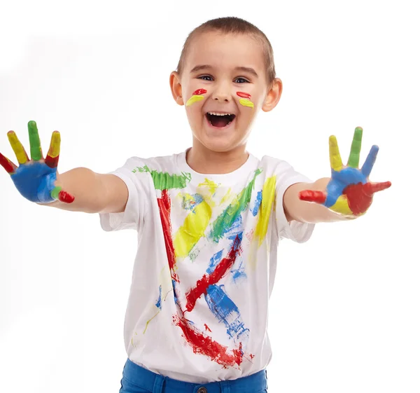 Garçon avec les mains peintes dans des peintures colorées — Photo