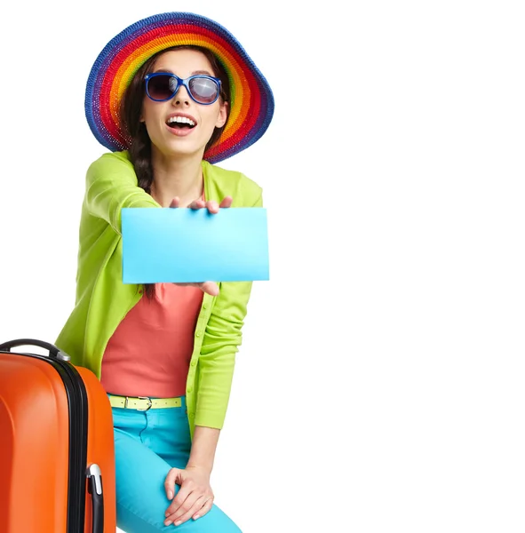 Tourist with travel suitcase and boarding pass — Stock Photo, Image