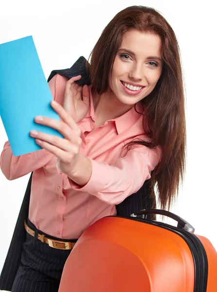 Businesswoman with a suitcase and a ticket — Stock Photo, Image