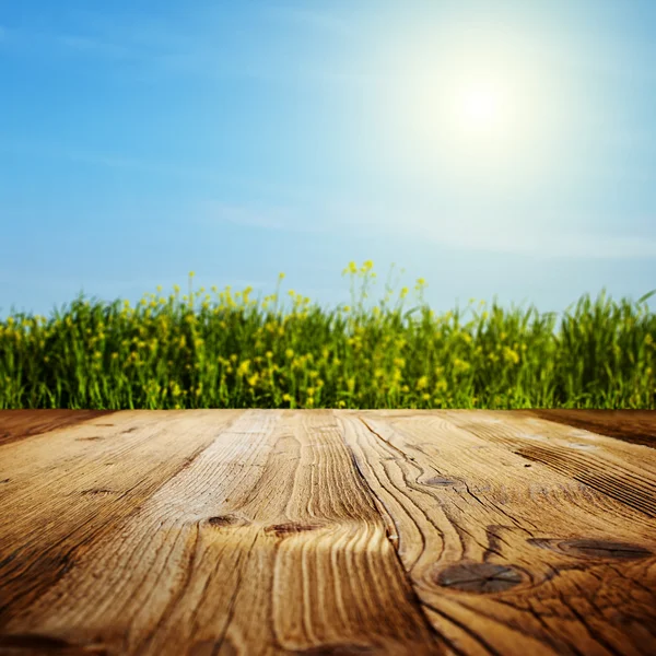 Herbe avec ciel et fond de plancher de bois — Photo