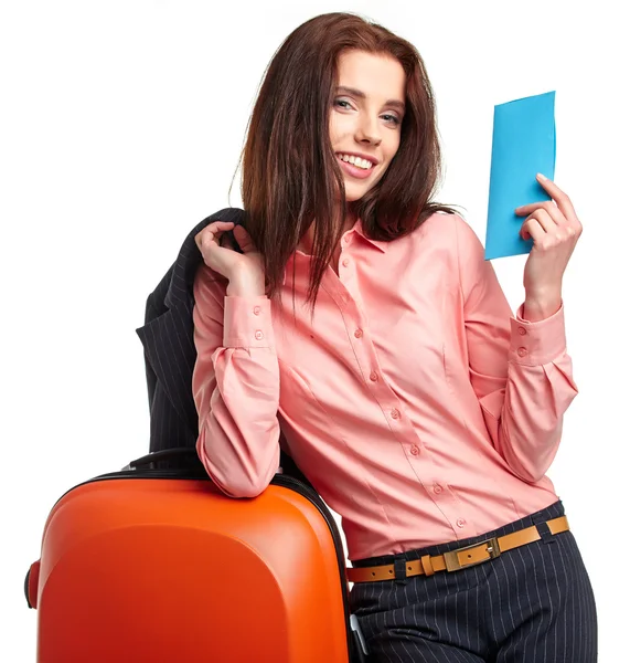 Businesswoman with a suitcase and a ticket — Stock Photo, Image