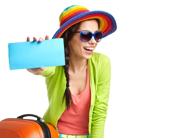 Portrait of female tourist with travel suitcase and boarding pas — Stock Photo, Image