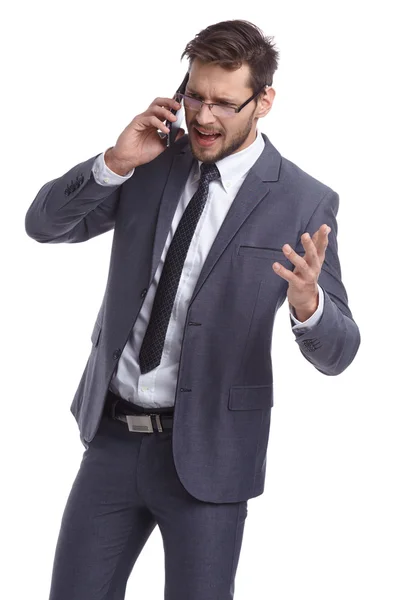 Emotionele jonge man is praten over de telefoon. Het menselijke gezicht, exp — Stockfoto