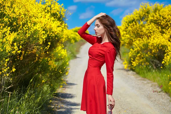 Γυναίκα σε ένα κόκκινο φόρεμα σε ένα επαρχιακό δρόμο — Φωτογραφία Αρχείου