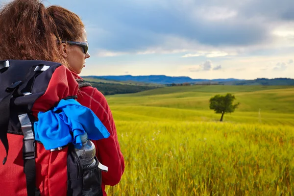Turysta z plecaka cieszyć się wzgórza Toskanii — Zdjęcie stockowe
