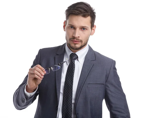 Handsome man in grey suit and glasses — Stock Photo, Image