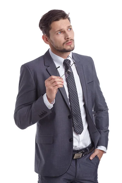 Hombre guapo en traje gris y gafas — Foto de Stock