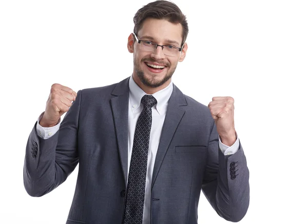 Handsome man in grey suit and glasses — Stock Photo, Image