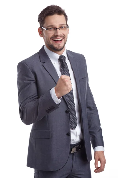 Schöner Mann in grauem Anzug und Brille — Stockfoto