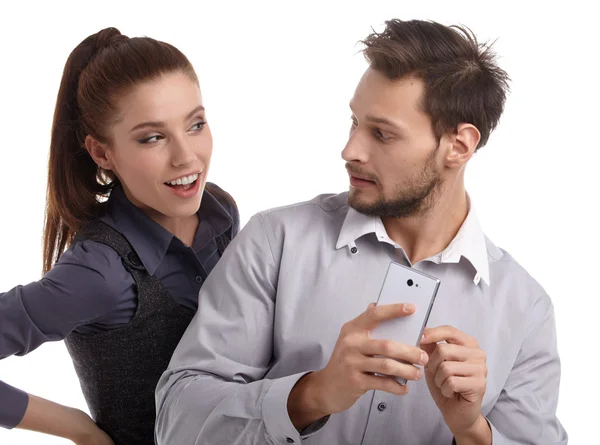 Couple and secret message on cell phone — Stock Photo, Image