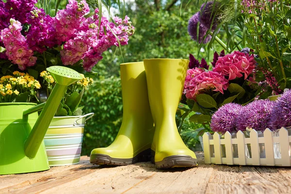 Ferramentas de jardinagem e flores no terraço — Fotografia de Stock