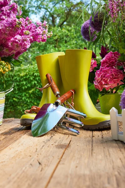 Herramientas de jardinería y flores en la terraza — Foto de Stock