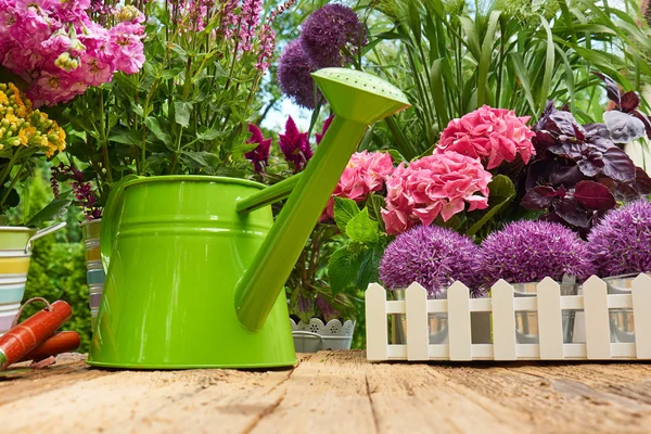 Ferramentas de jardinagem e flores no terraço — Fotografia de Stock